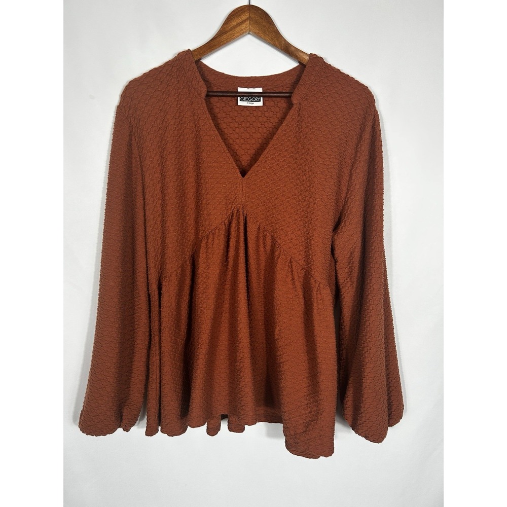 Y2K Babydoll Tunic Top Size XL Boho Peasant Puff Sleeve Burnt Orange Waffle Knit